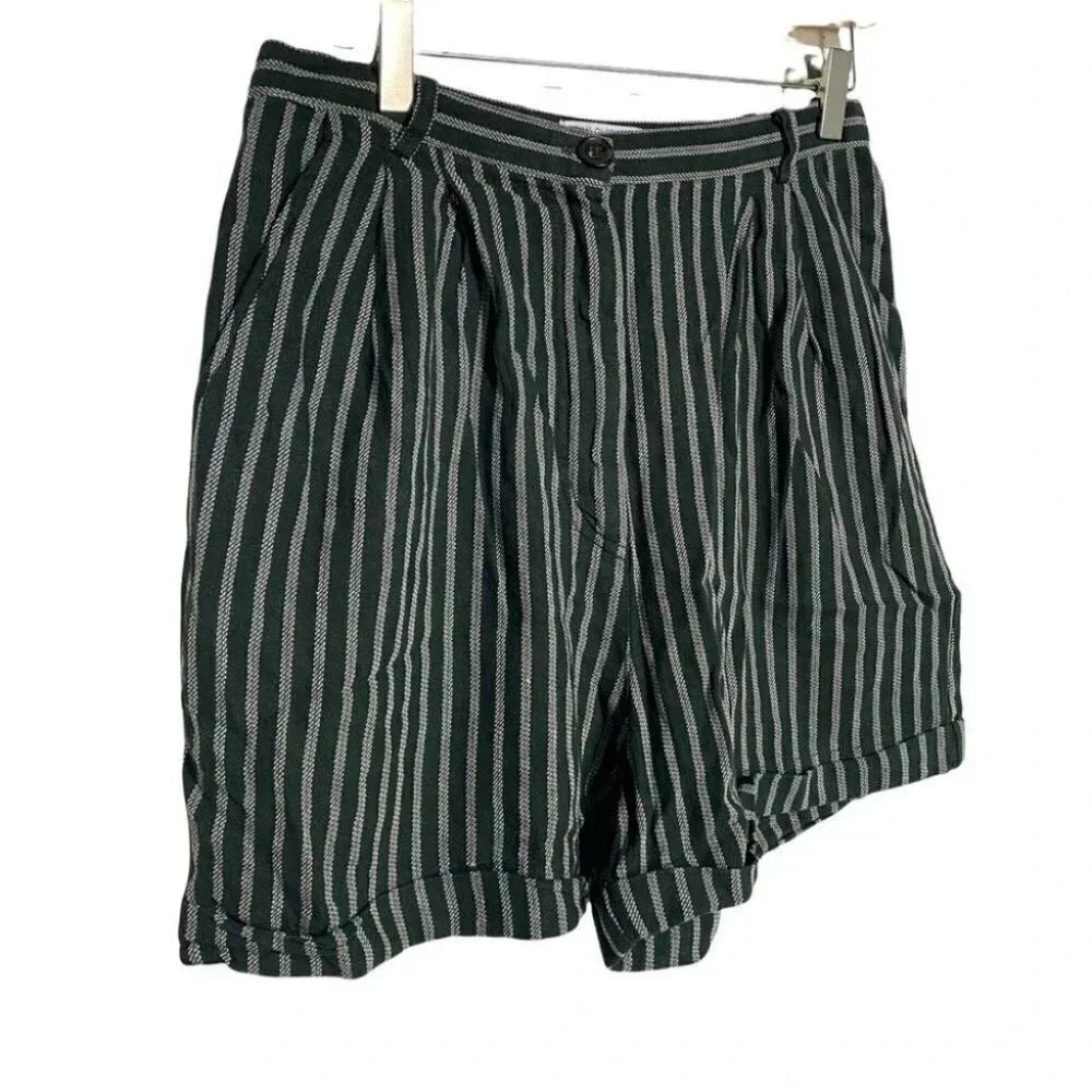 UO 8 green white‎ stripes high waisted menswear linen blend shorts